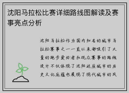 沈阳马拉松比赛详细路线图解读及赛事亮点分析