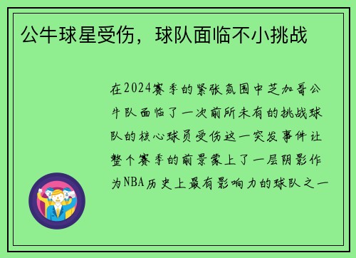 公牛球星受伤，球队面临不小挑战
